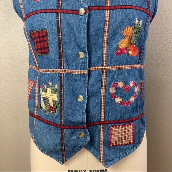 vintage Bobbie Brooks ugly Fall patchwork embroidered chambray button front vest - Picture 3 of 13